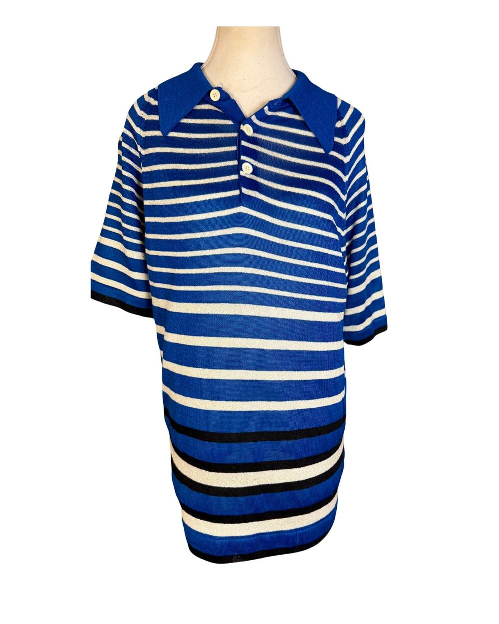 Vintage 70s Donegal Colesta Preppy Knit Blue Black White Stripe Polo Shirt M